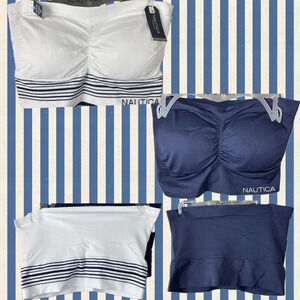 Nautica Plus 2X White-Navy Logo Ruched Front Removable Pads Strapless Bra-2-Pk